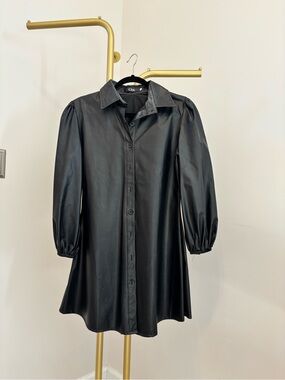 CBR Black Faux Leather Long-Sleeve Button Dress